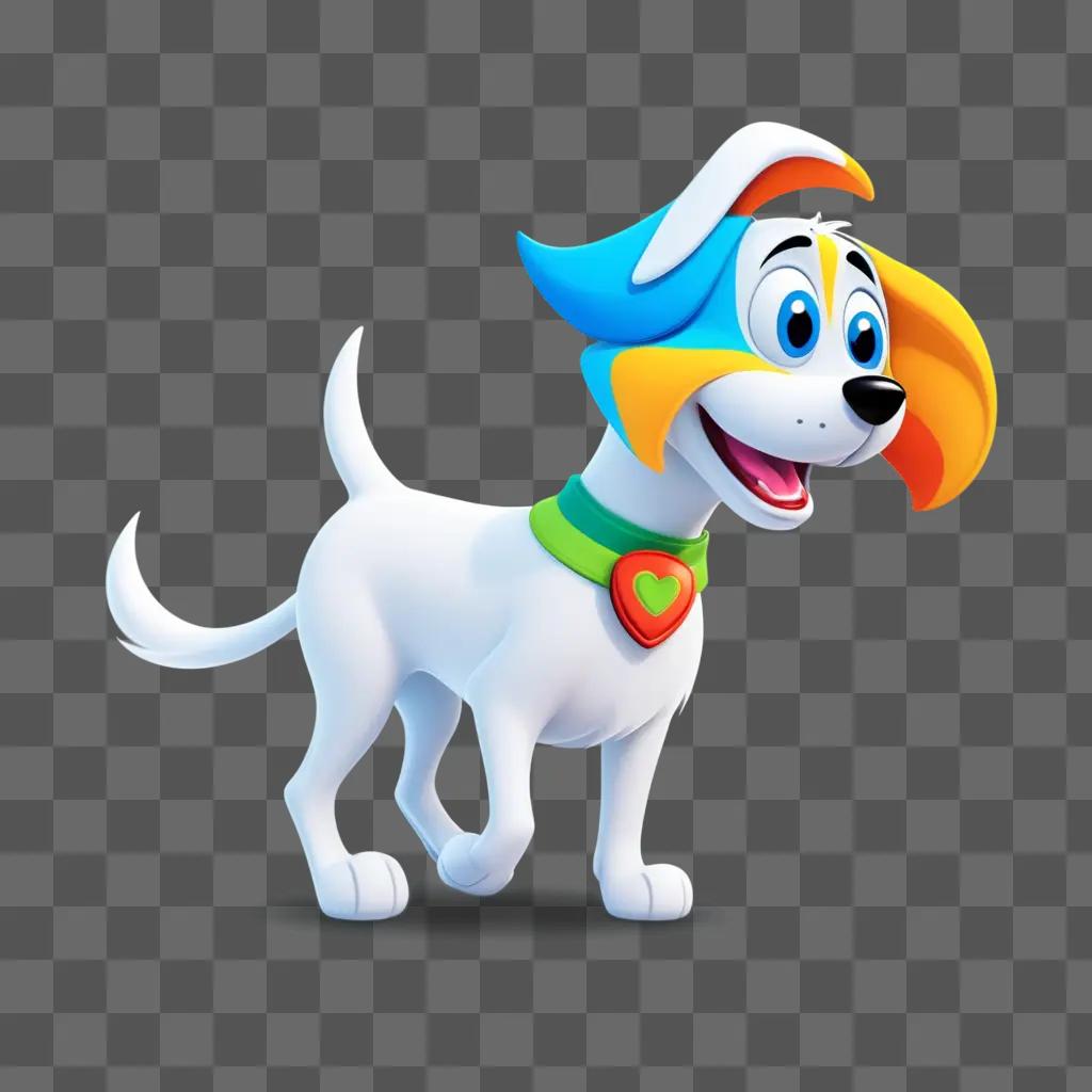 cartoon dog wearing a green and red collar and a yellow heart on its chest