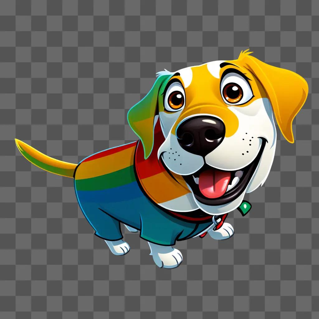 cartoon dog wearing a rainbow-colored shirt and a green collar