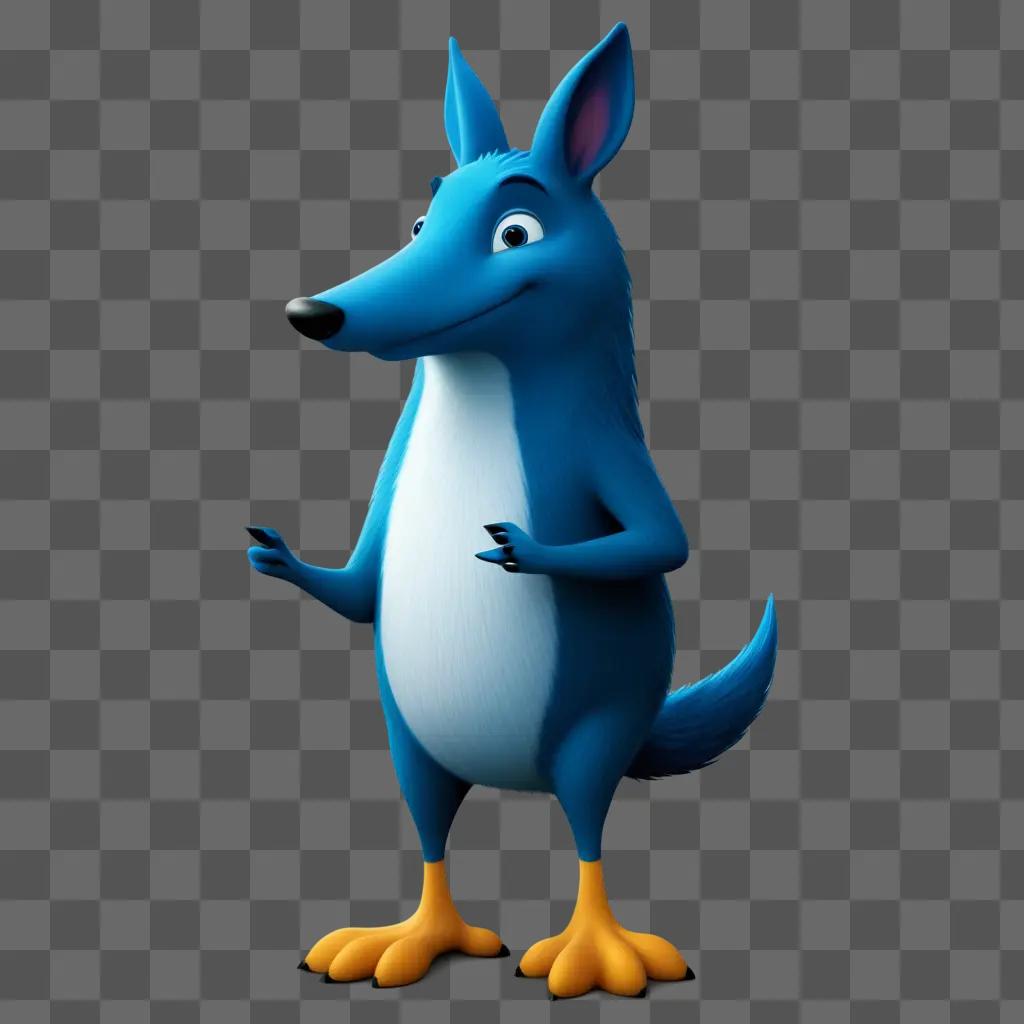 cartoon dog with blue fur and yellow feet stands in front of a blue background