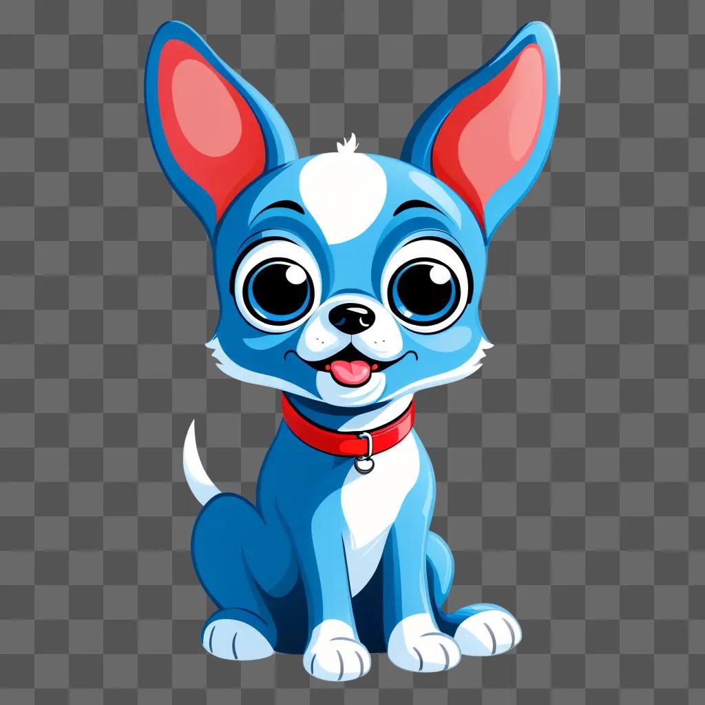 cartoon dog with red collar sits in front of a blue background