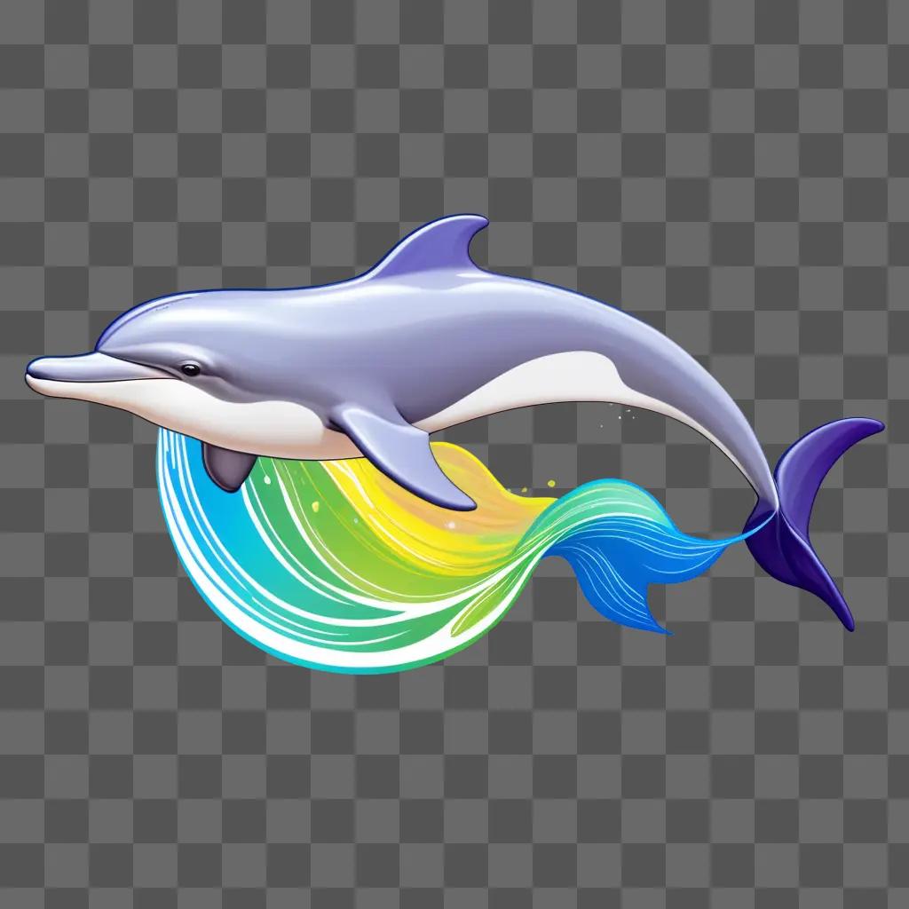 cartoon dolphin swimming with rainbow water