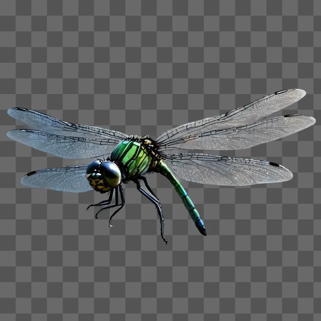 cartoon dragonfly drawing A green dragonfly with black eyes and wings