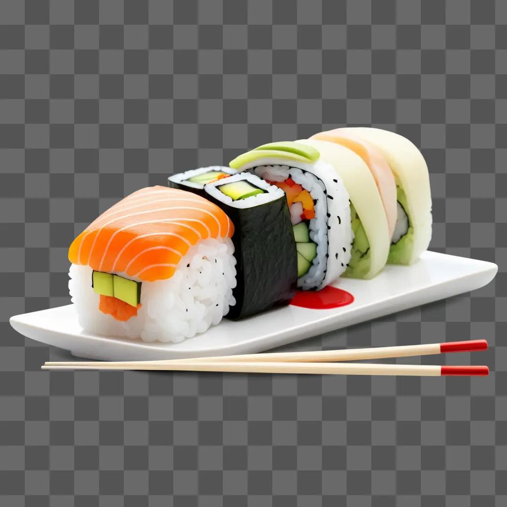 cartoon drawing of sushi with chopsticks on a plate