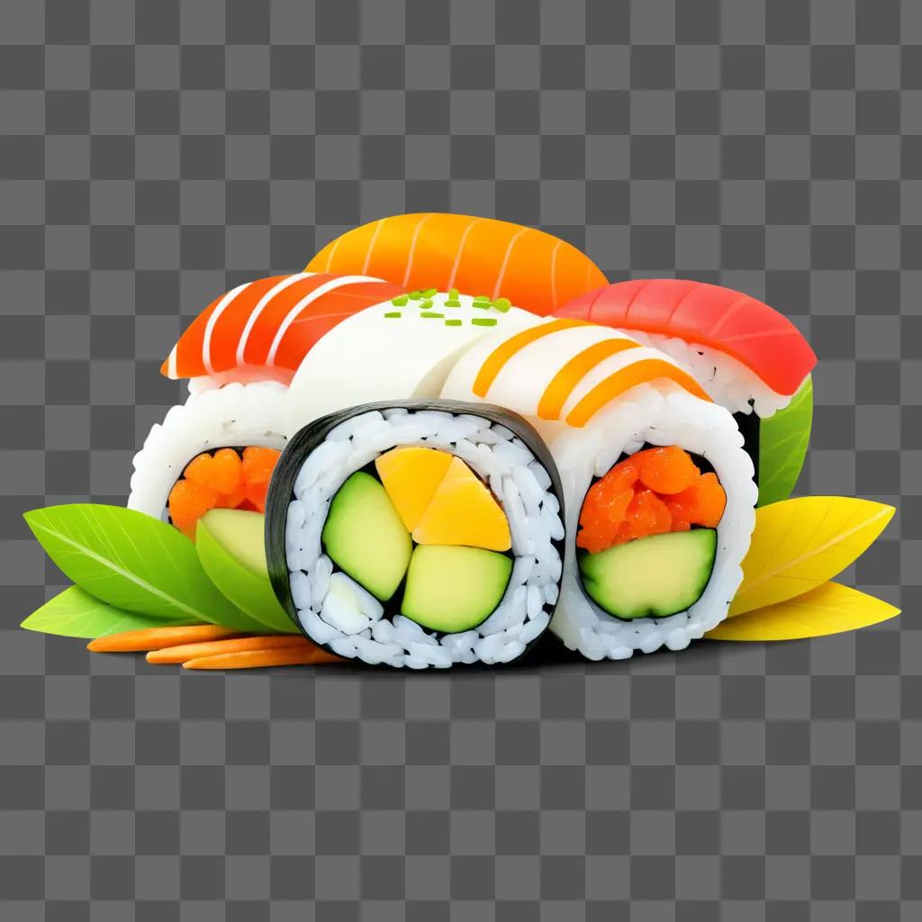 cartoon drawing of sushi with various toppings and colorful leaves