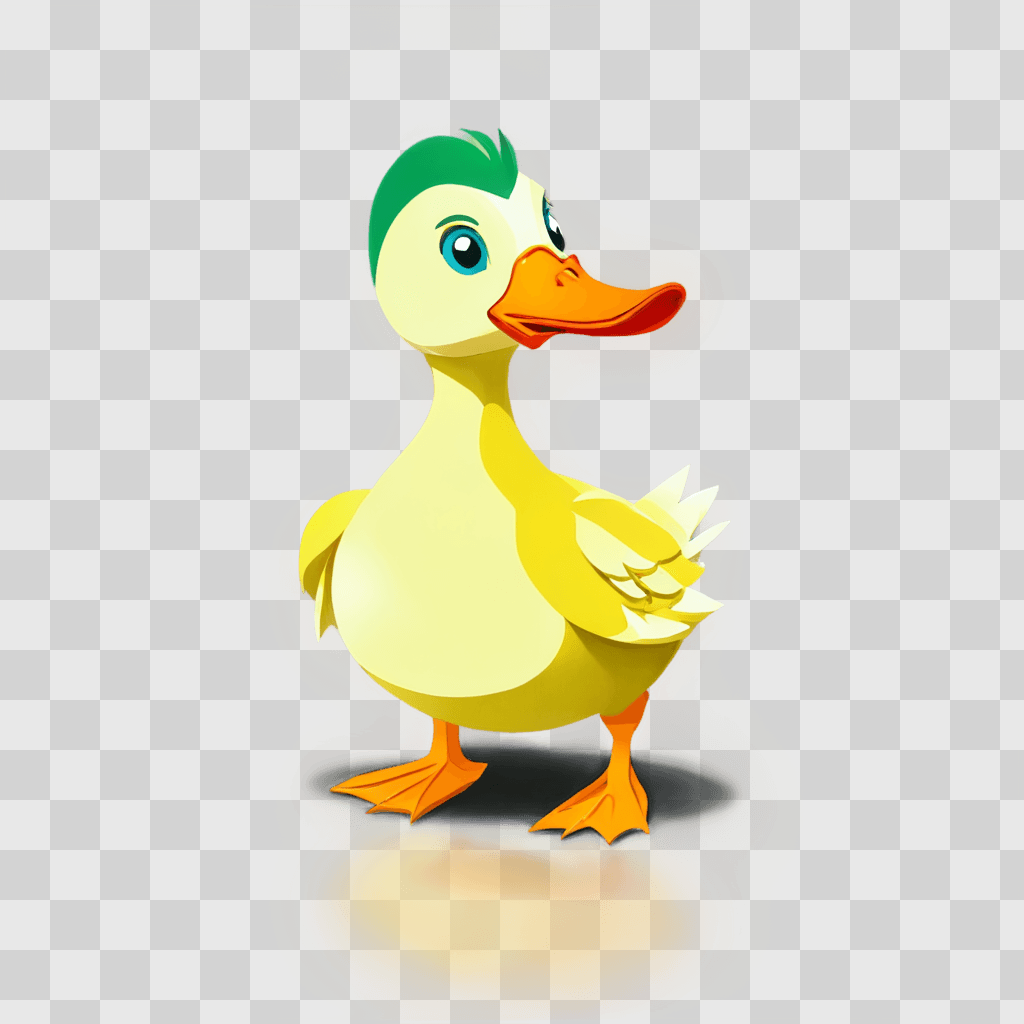 cartoon duck drawing A cartoon duck with green hair stands on a yellow background