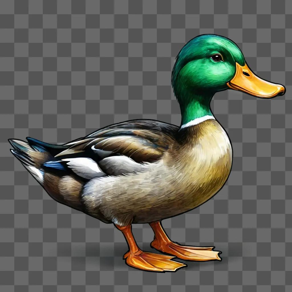 cartoon duck drawing A green duck standing on a dark background