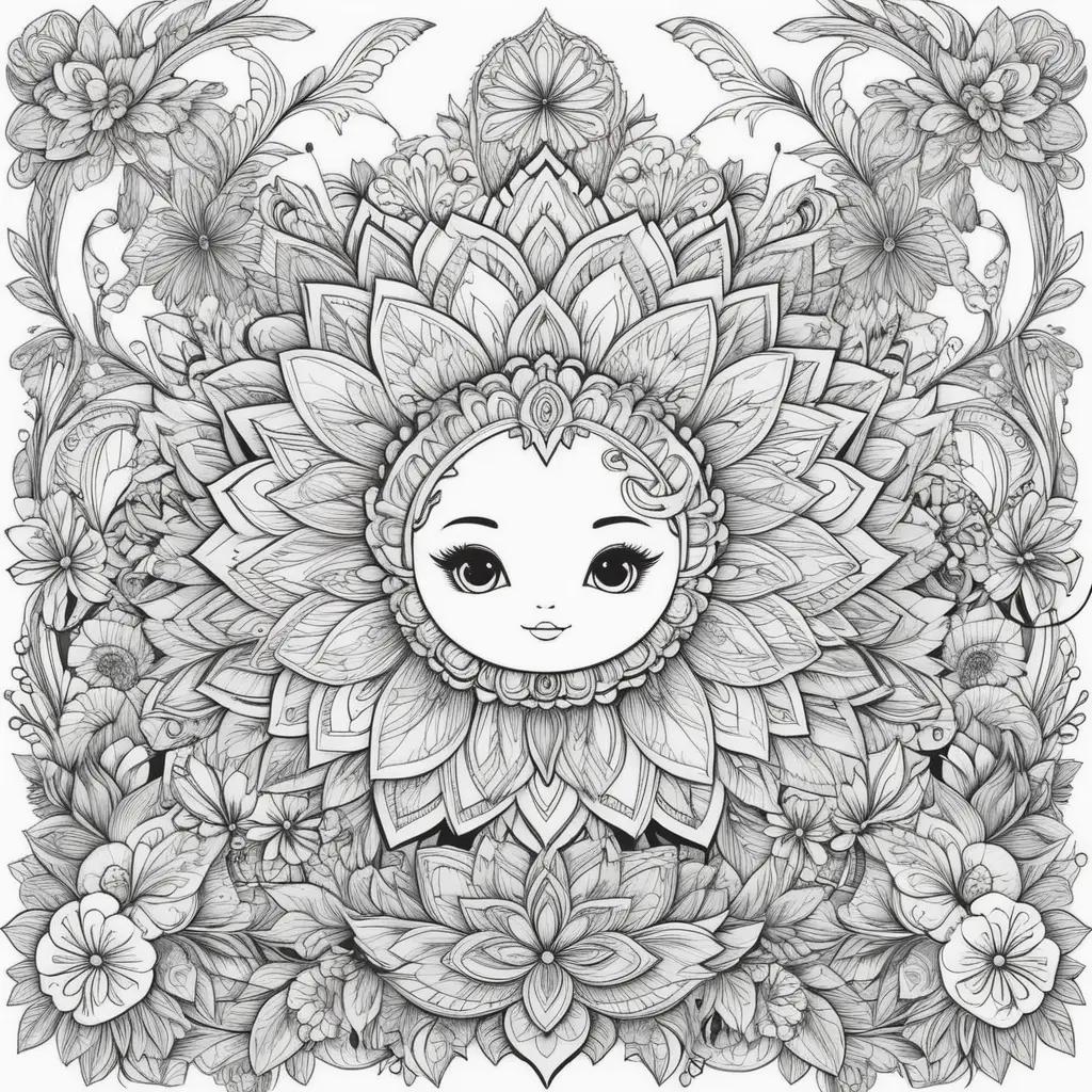 cartoon face on a floral design with black and white coloring pages for teens