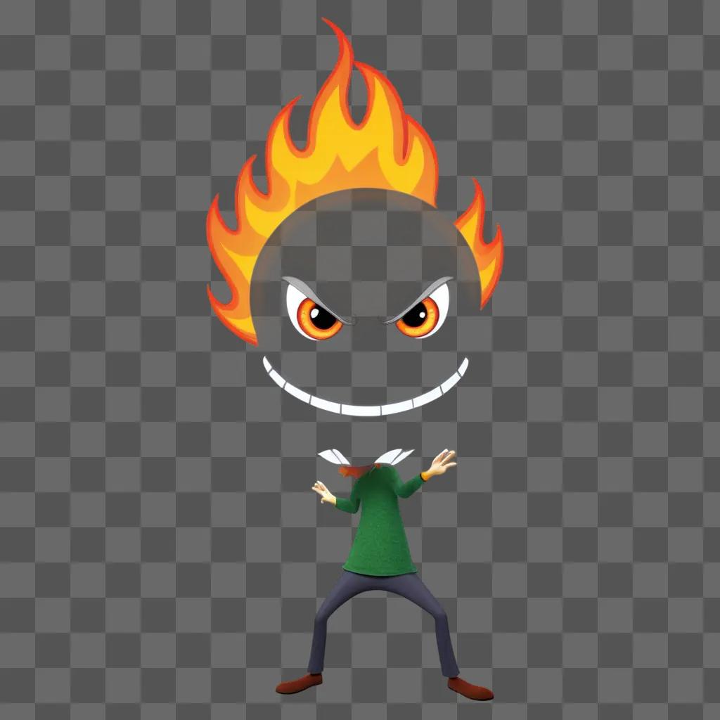 cartoon fire-faced monster with a green shirt