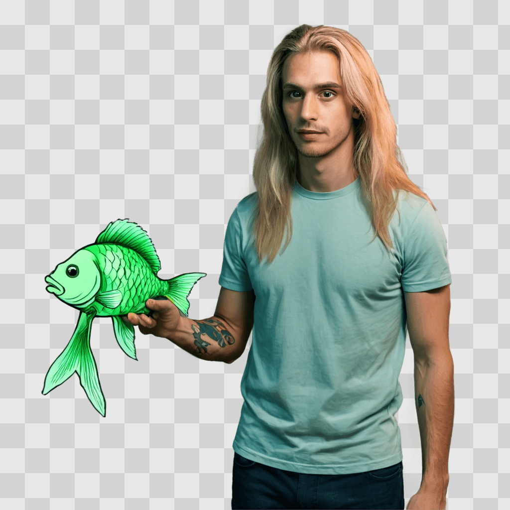 cartoon fish drawing A man with a tattoo holds a glowing fish