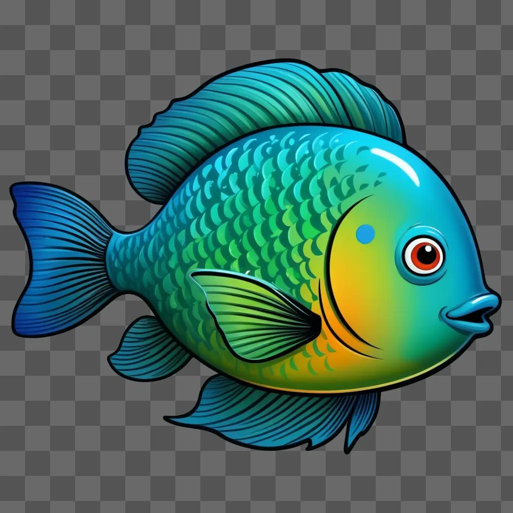 cartoon fish drawing in a blue and green color scheme