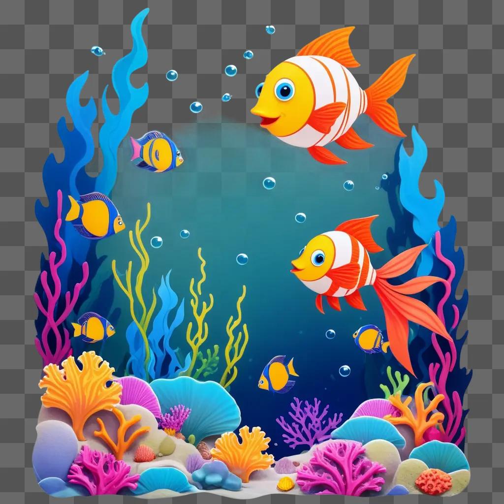 色とりどりの珊瑚と海を泳ぐ漫画の魚