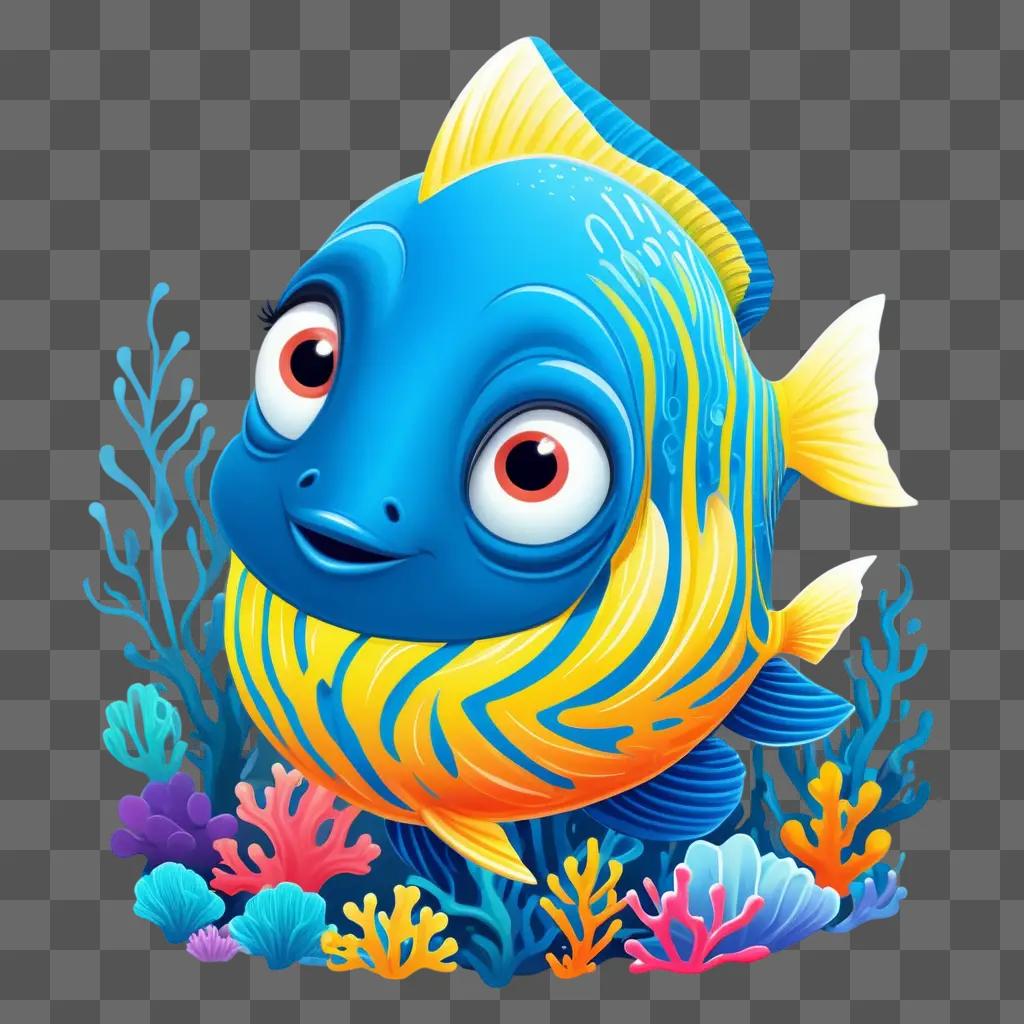 cartoon fish with a blue and yellow body and a red mouth