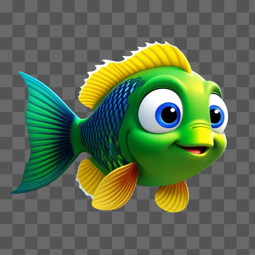 cartoon fish with blue eyes smiles on a green background