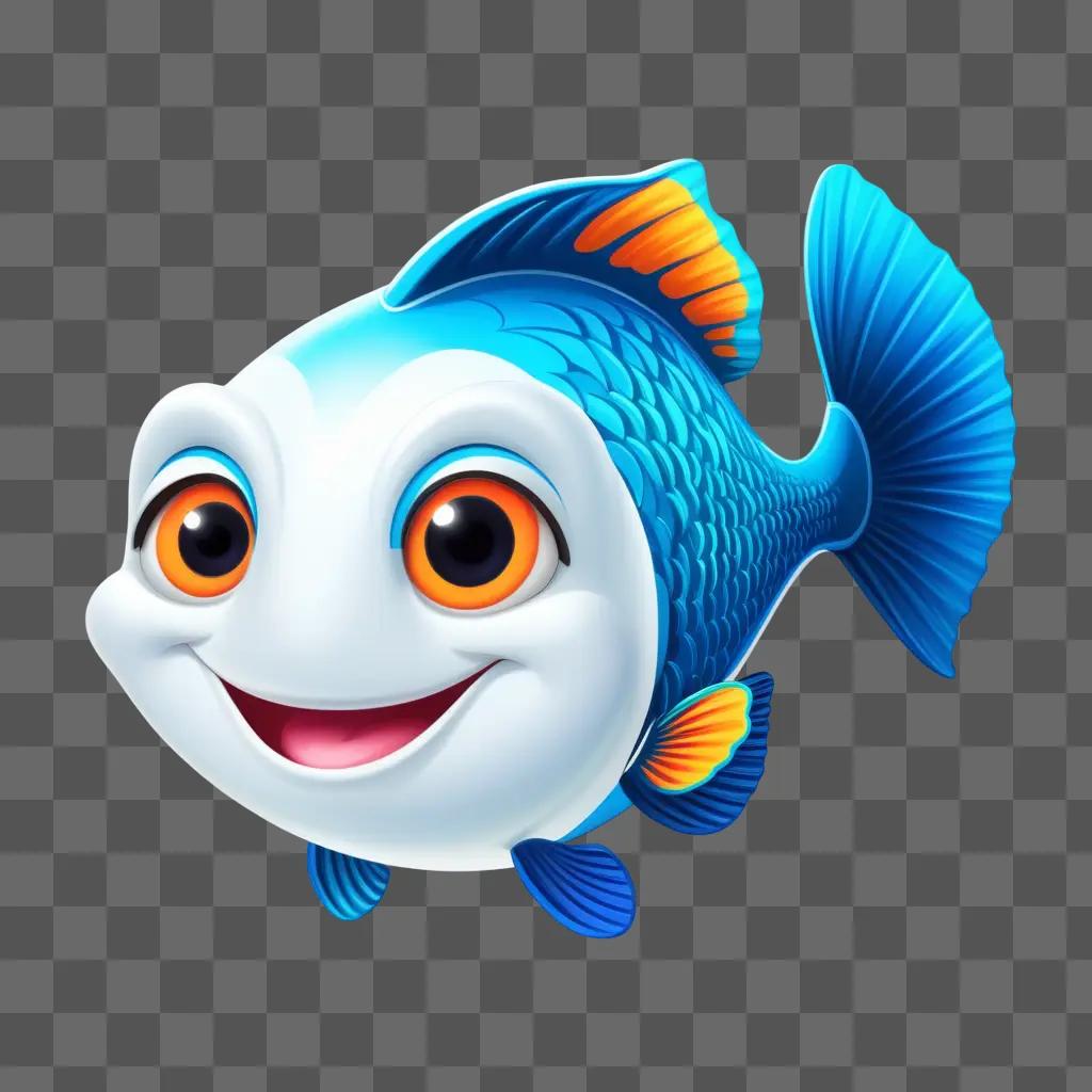 cartoon fish with orange eyes and blue fins is smiling