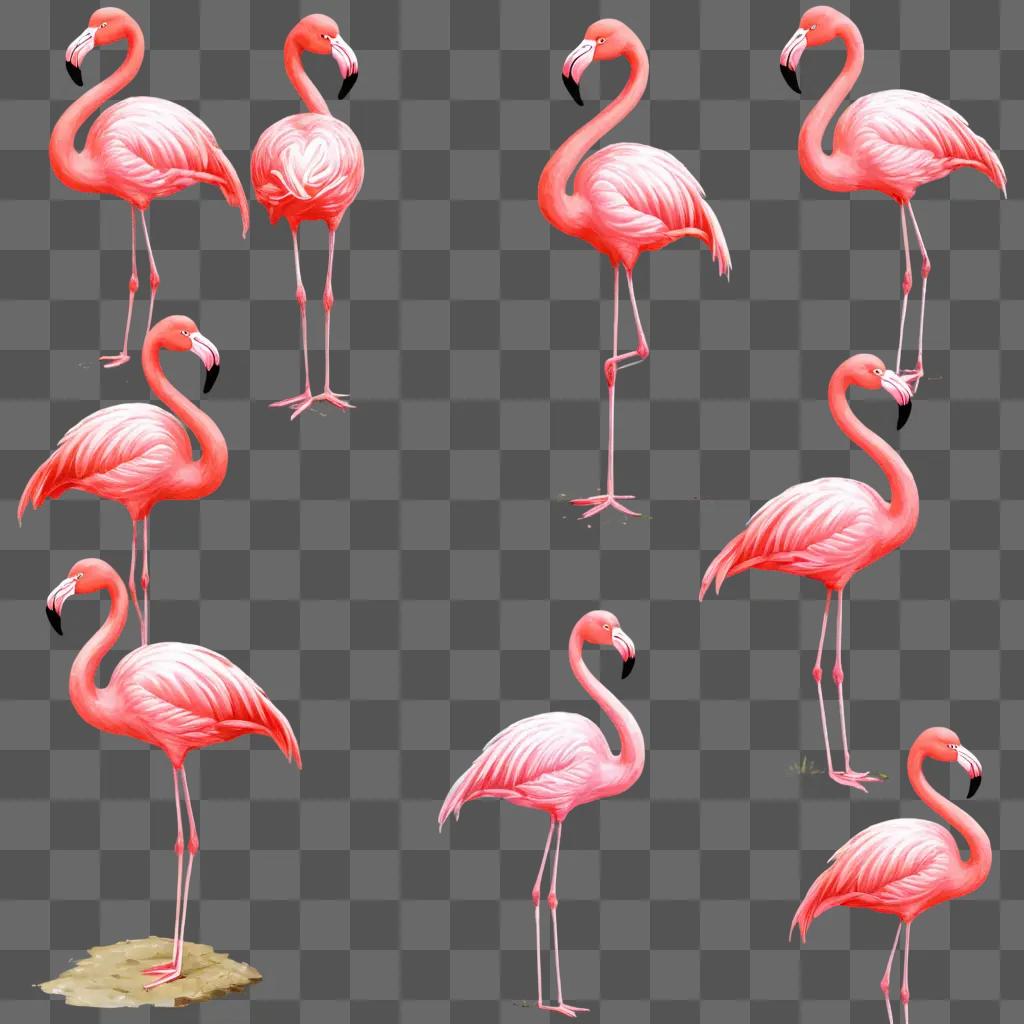 cartoon flamingos drawing A collage of flamingos in a pink background