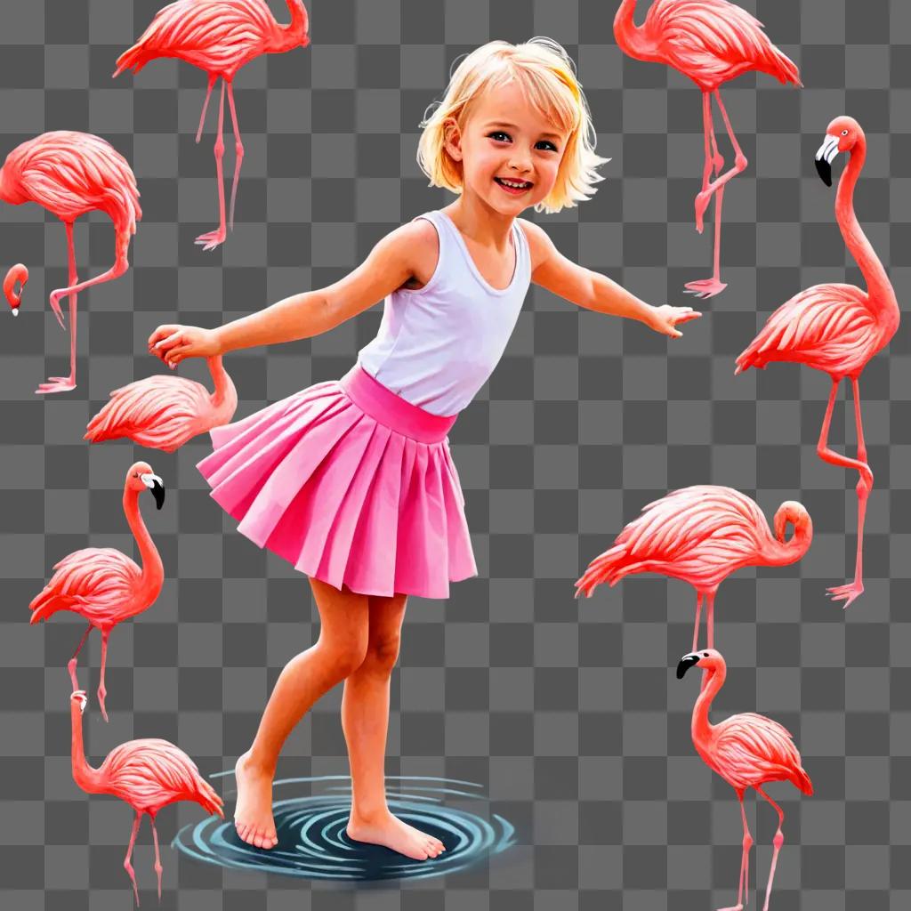 cartoon flamingos drawing A girl poses in front of flamingos