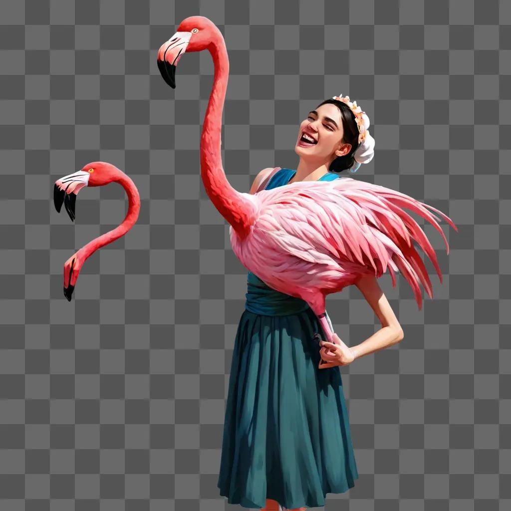 cartoon flamingos drawing A woman in a dress holding a flamingo