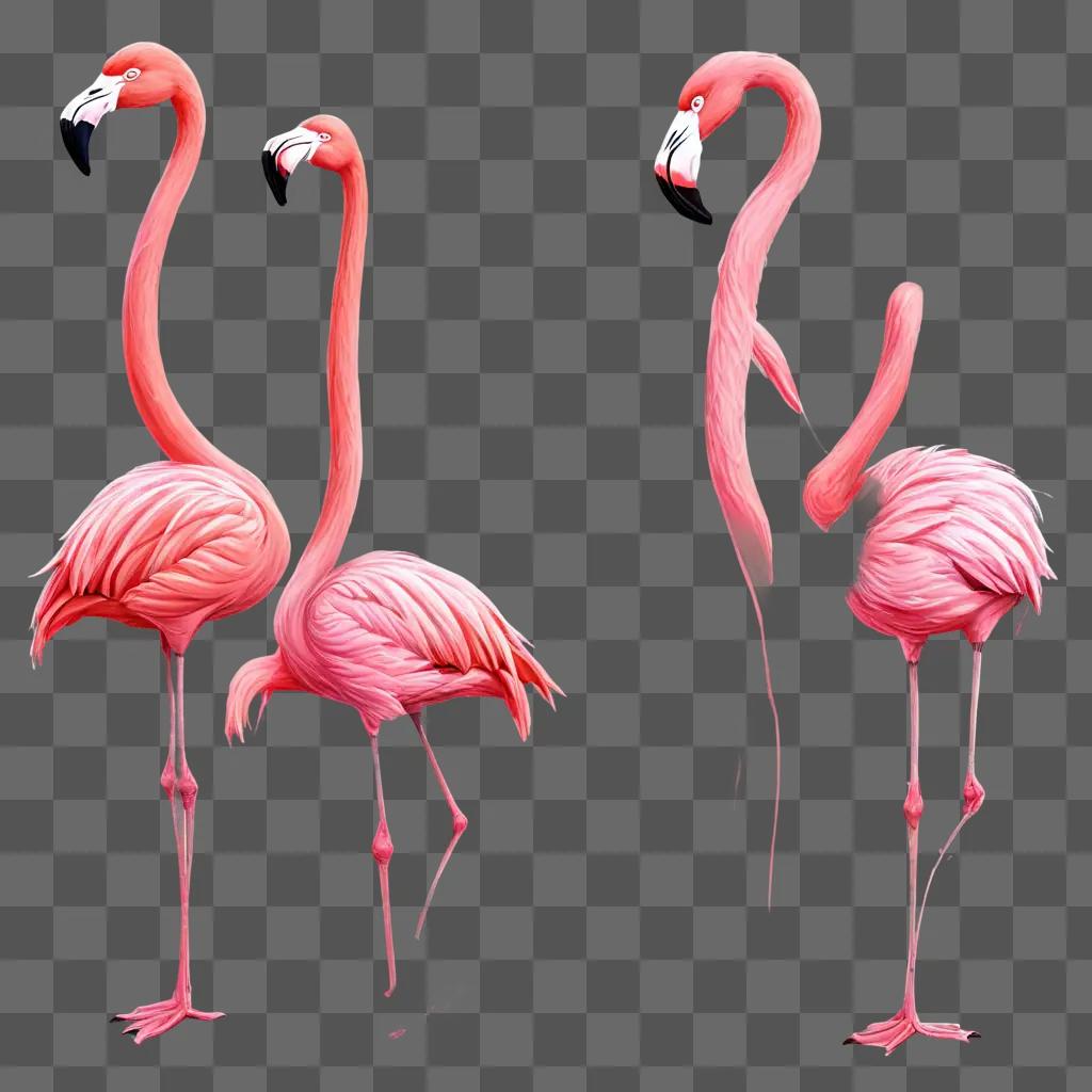 cartoon flamingos drawing Four flamingos stand in pink background