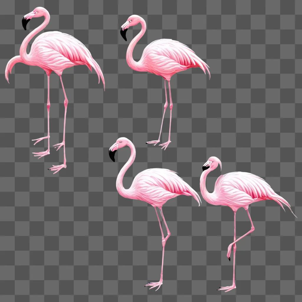 cartoon flamingos drawing Four pink flamingos on a pink background