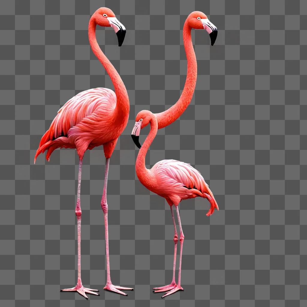 cartoon flamingos drawing Three flamingos stand on pink background