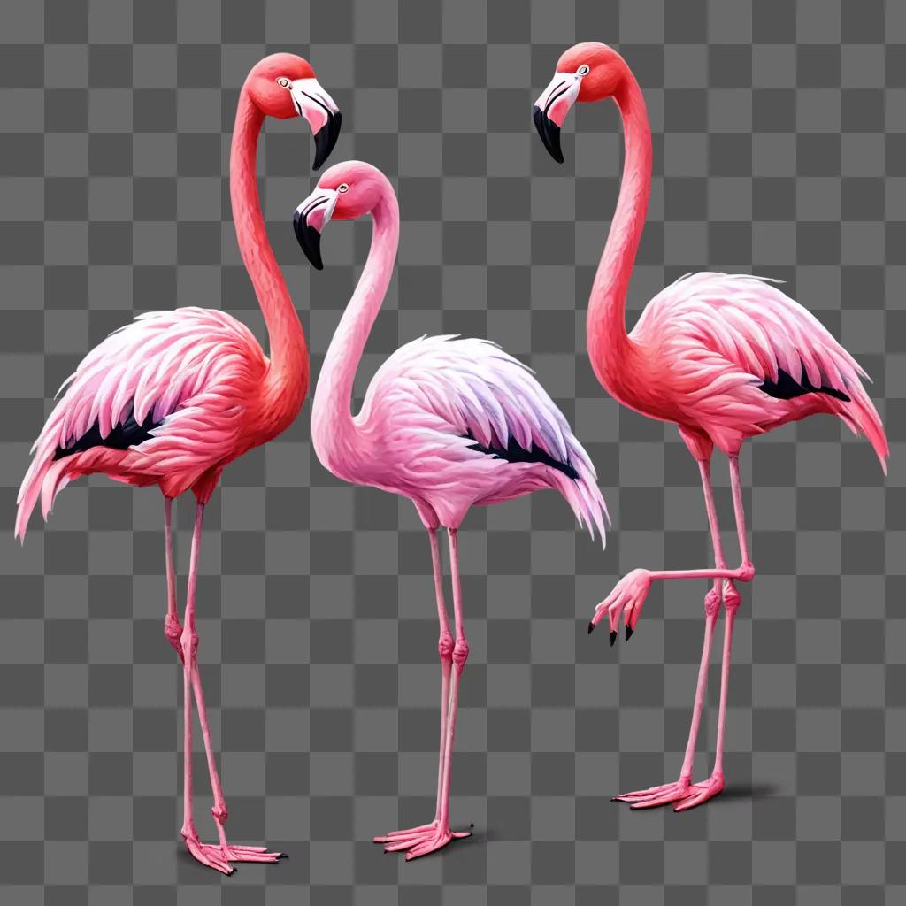 cartoon flamingos drawing Three pink flamingos stand on a pink background