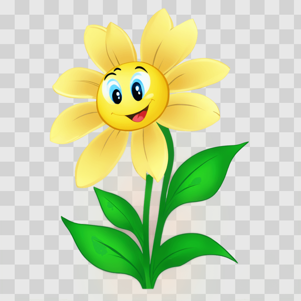 cartoon flower drawing A smiling flower with green leaves on a yellow background