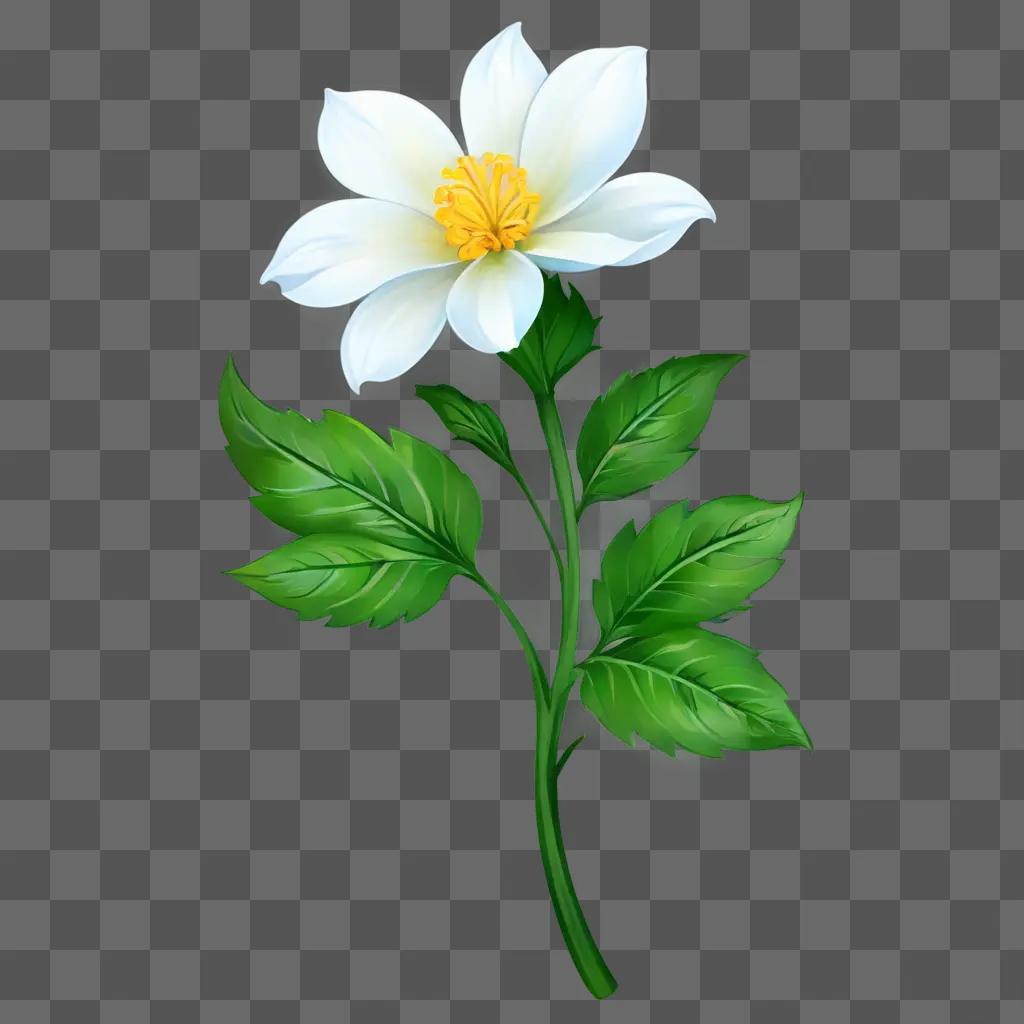 cartoon flower drawing A white flower with green leaves on a green background