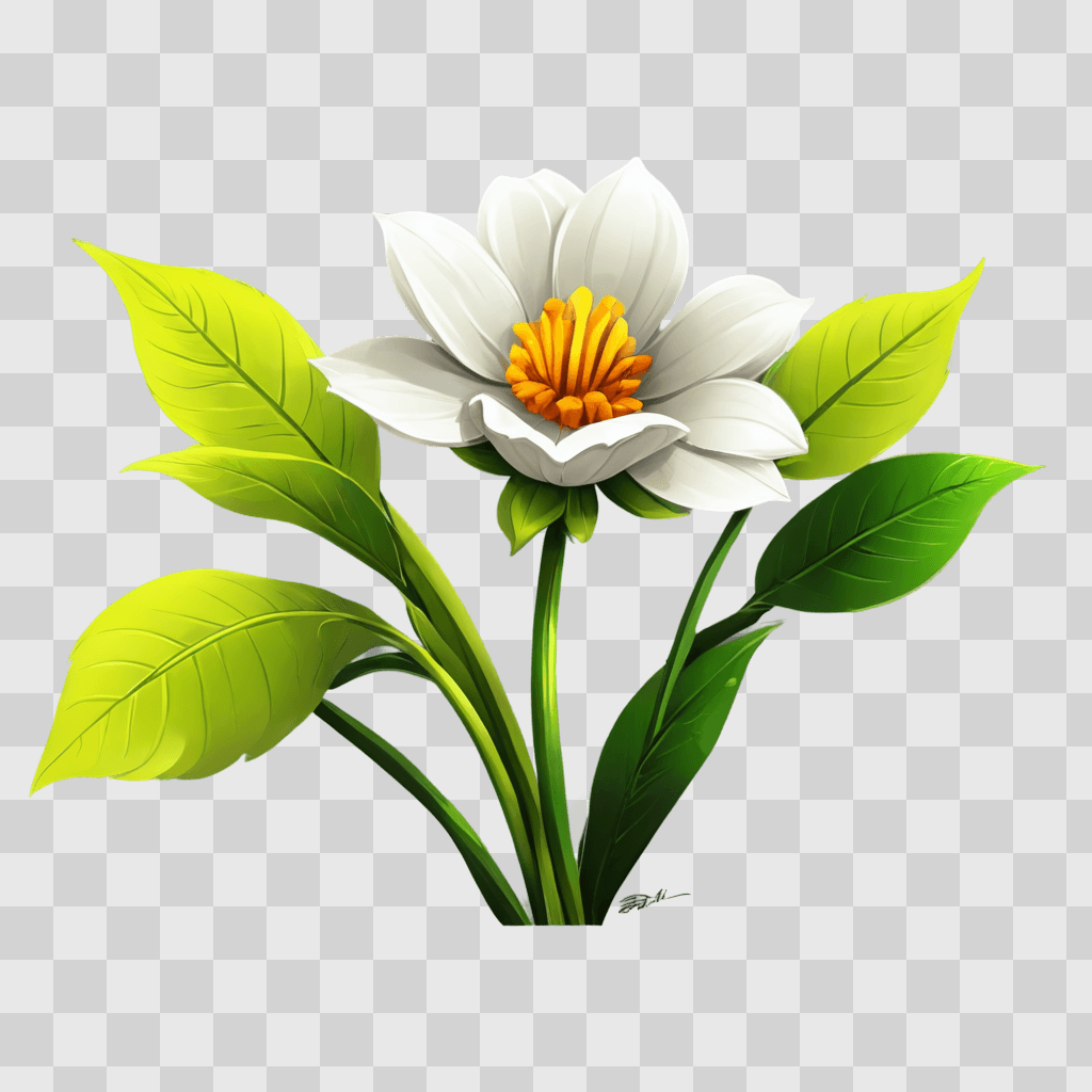 cartoon flower drawing A white flower with yellow center and green leaves on a green background