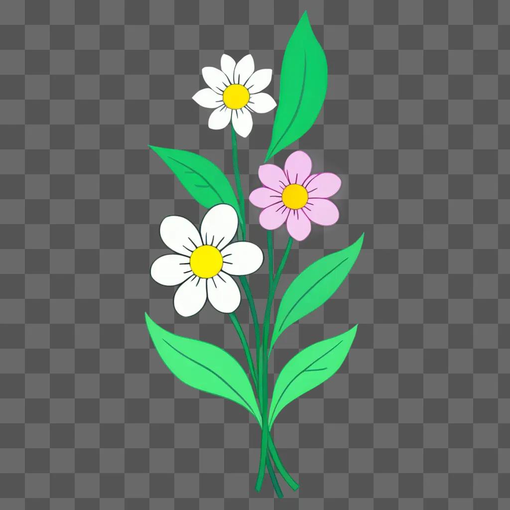 cartoon flower drawing Flowers and leaves against a green background