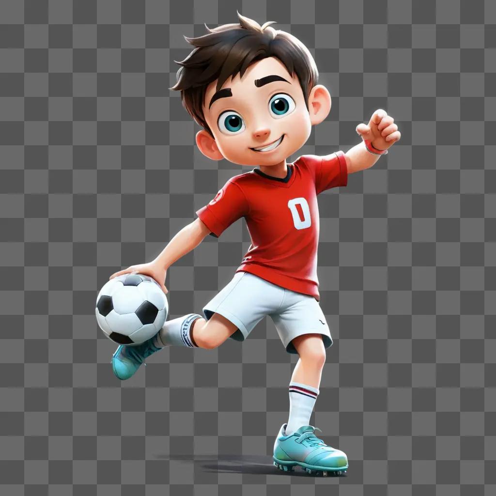 cartoon football drawing A boy with a red shirt and blue shoes kicks a ball