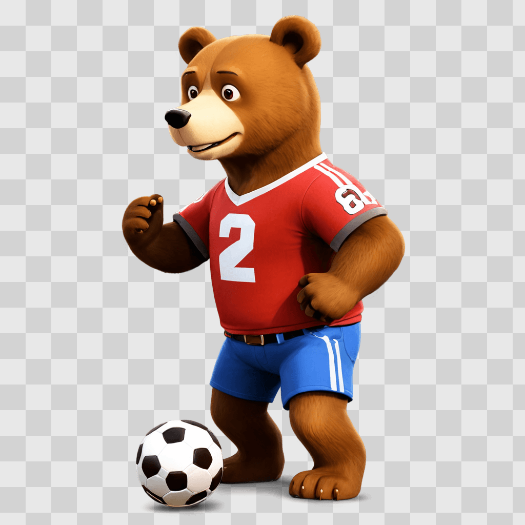 cartoon football drawing A cartoon bear wearing a red jersey with the number 2 on it stands next to a soccer ball