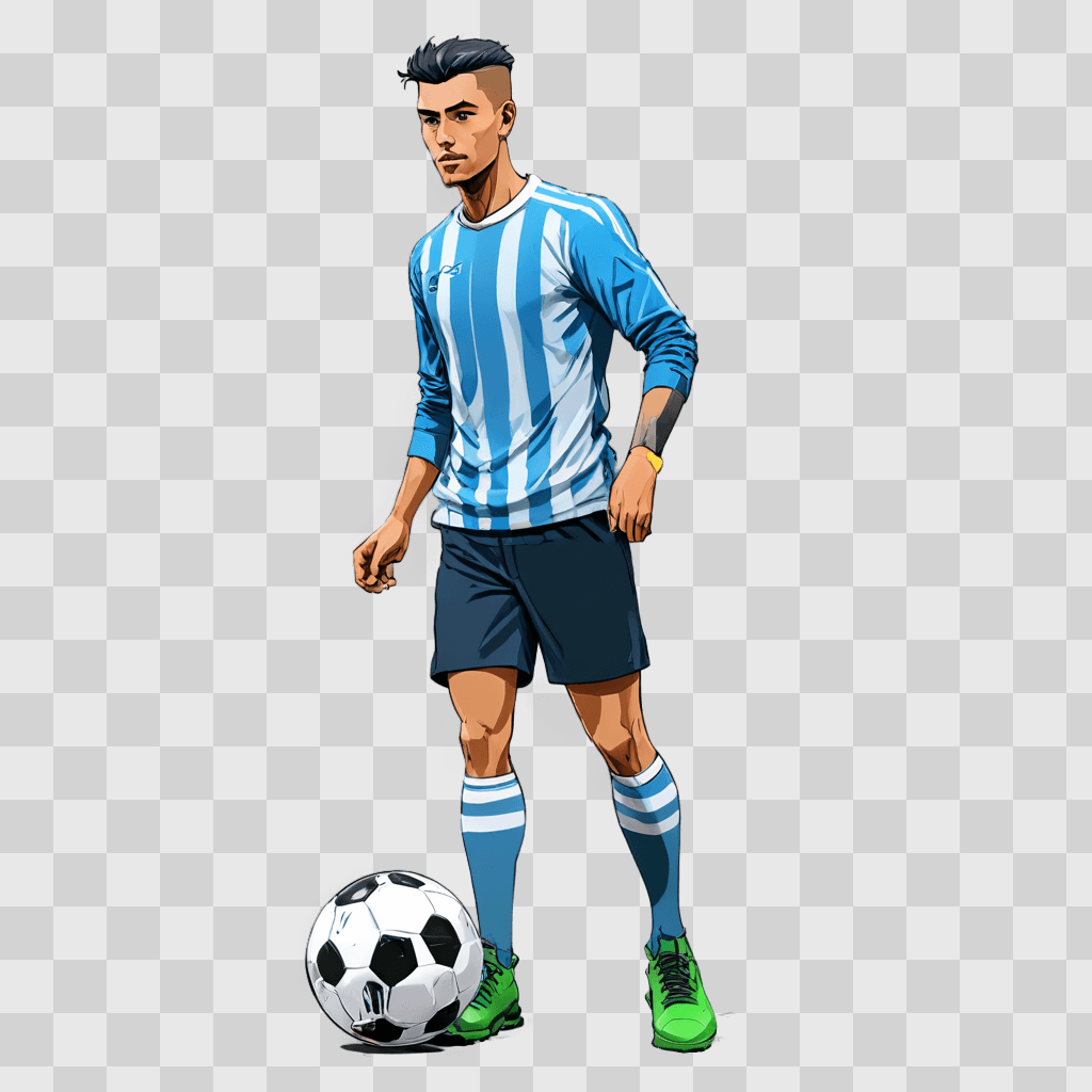 cartoon football drawing A cartoon character is standing next to a soccer ball