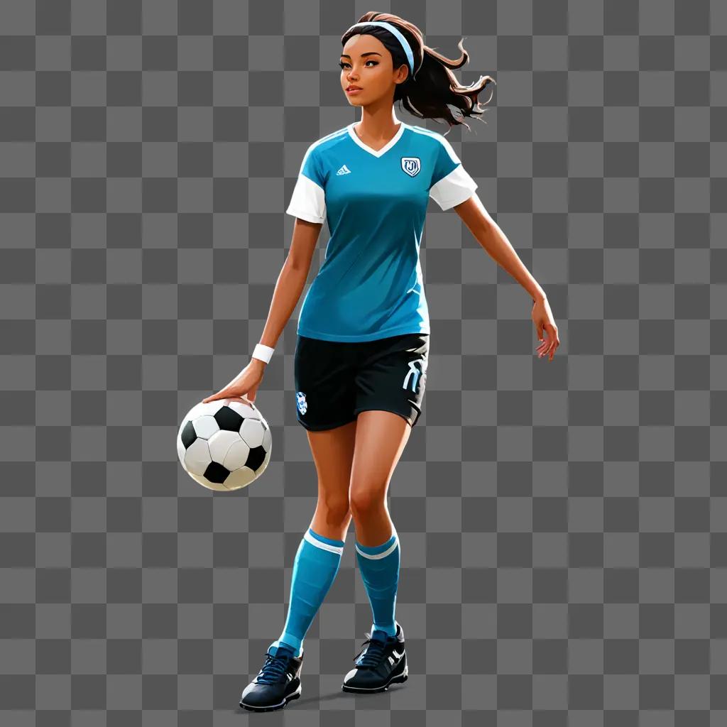 cartoon football drawing A female soccer player in a blue shirt and black shorts