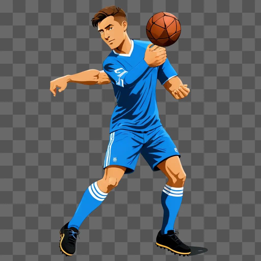 cartoon football drawing A man in a blue shirt plays soccer