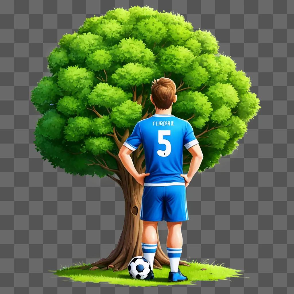 cartoon football drawing A soccer player with number 5 stands in front of a tree