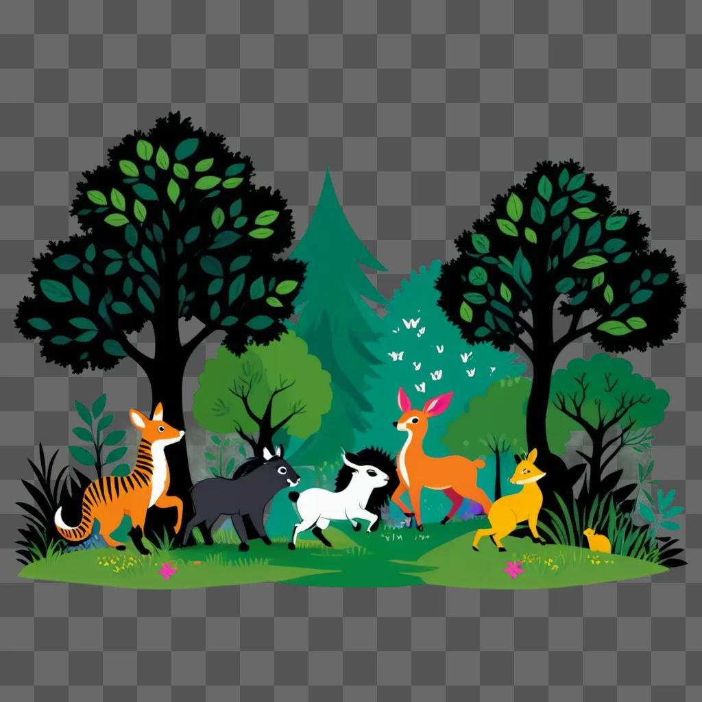 cartoon forest scene with animals and trees