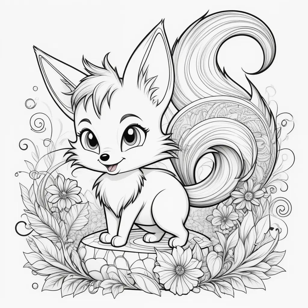 cartoon fox with long tails is on a flower background