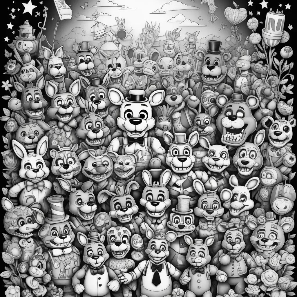 cartoon full of various characters from the Five Nights at Freddys game