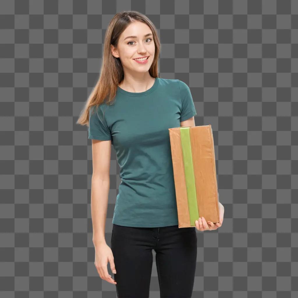 cartoon gift drawing A smiling girl in a green shirt holds a box