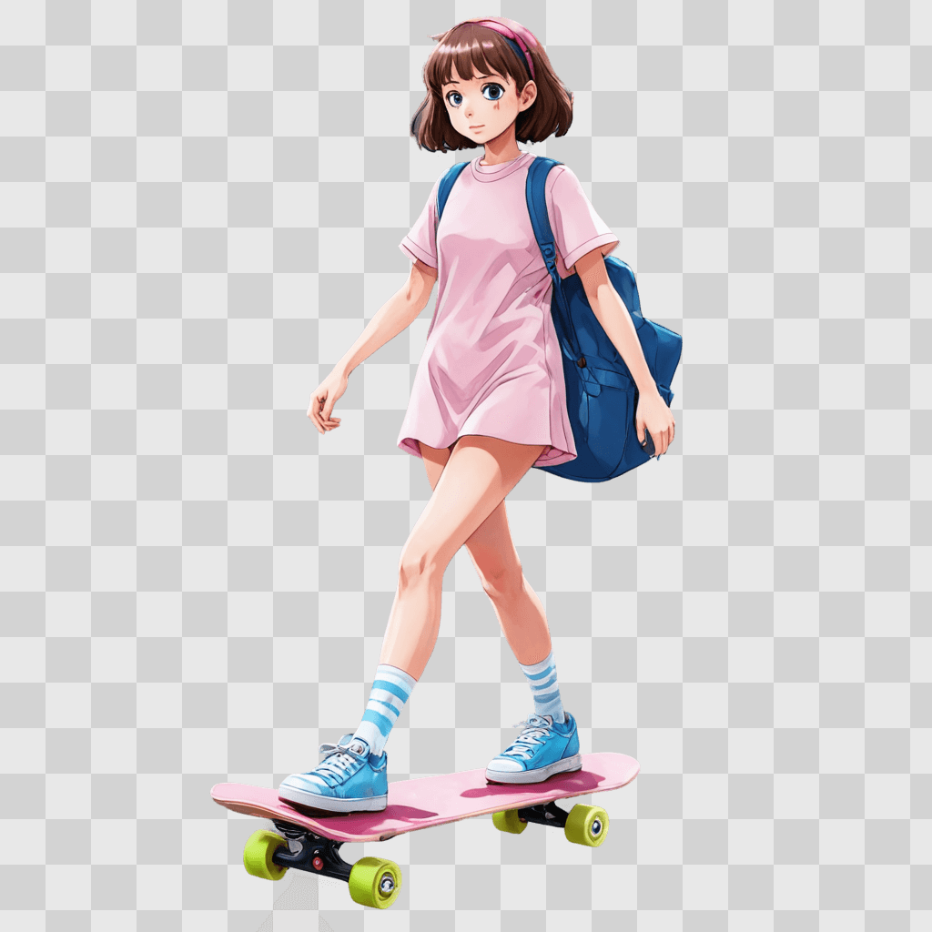 cartoon girl An anime girl rides a skateboard while carrying a bag