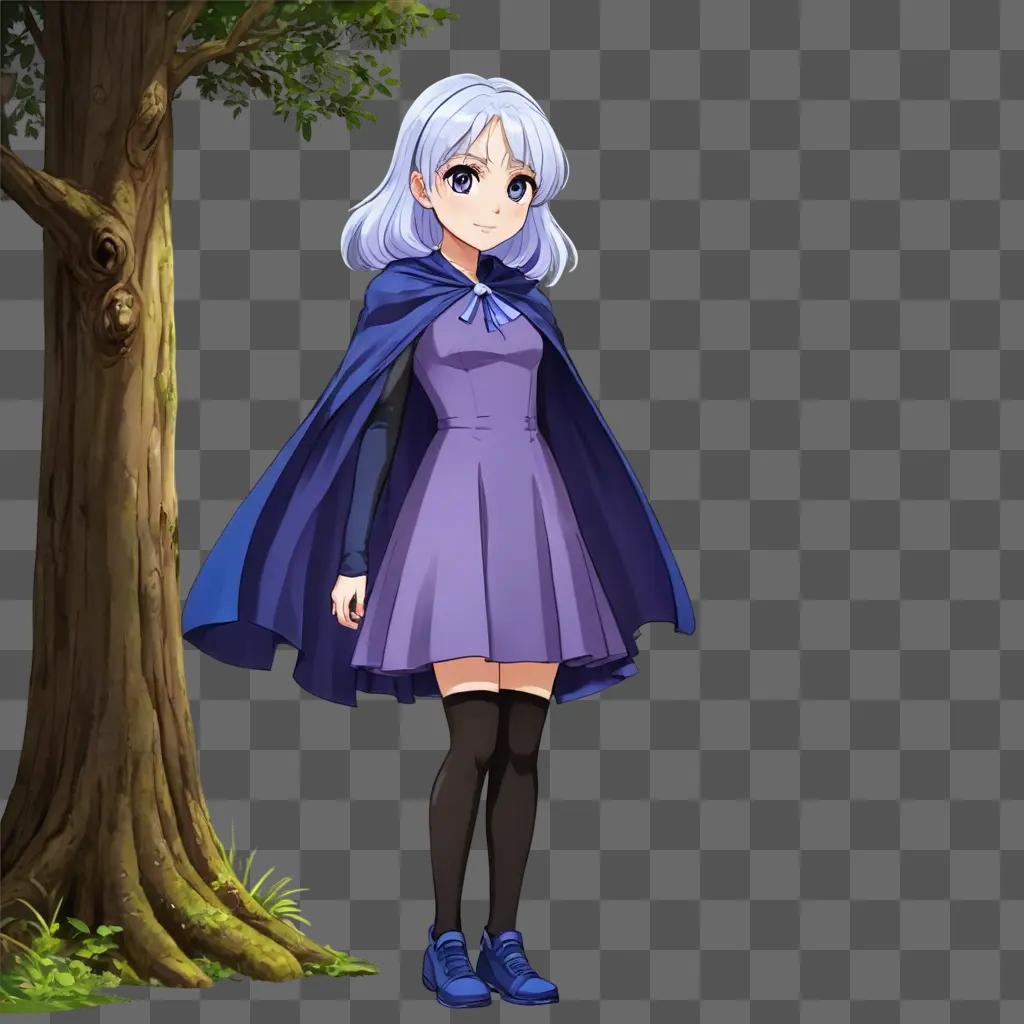 cartoon girl An anime girl with a purple cape stands next to a tree