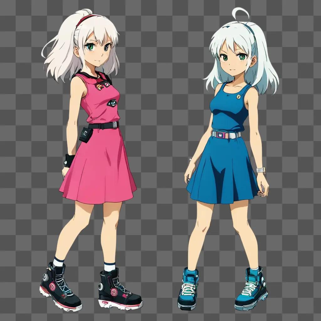 cartoon girl Two anime girls in rollerblades on a gray background