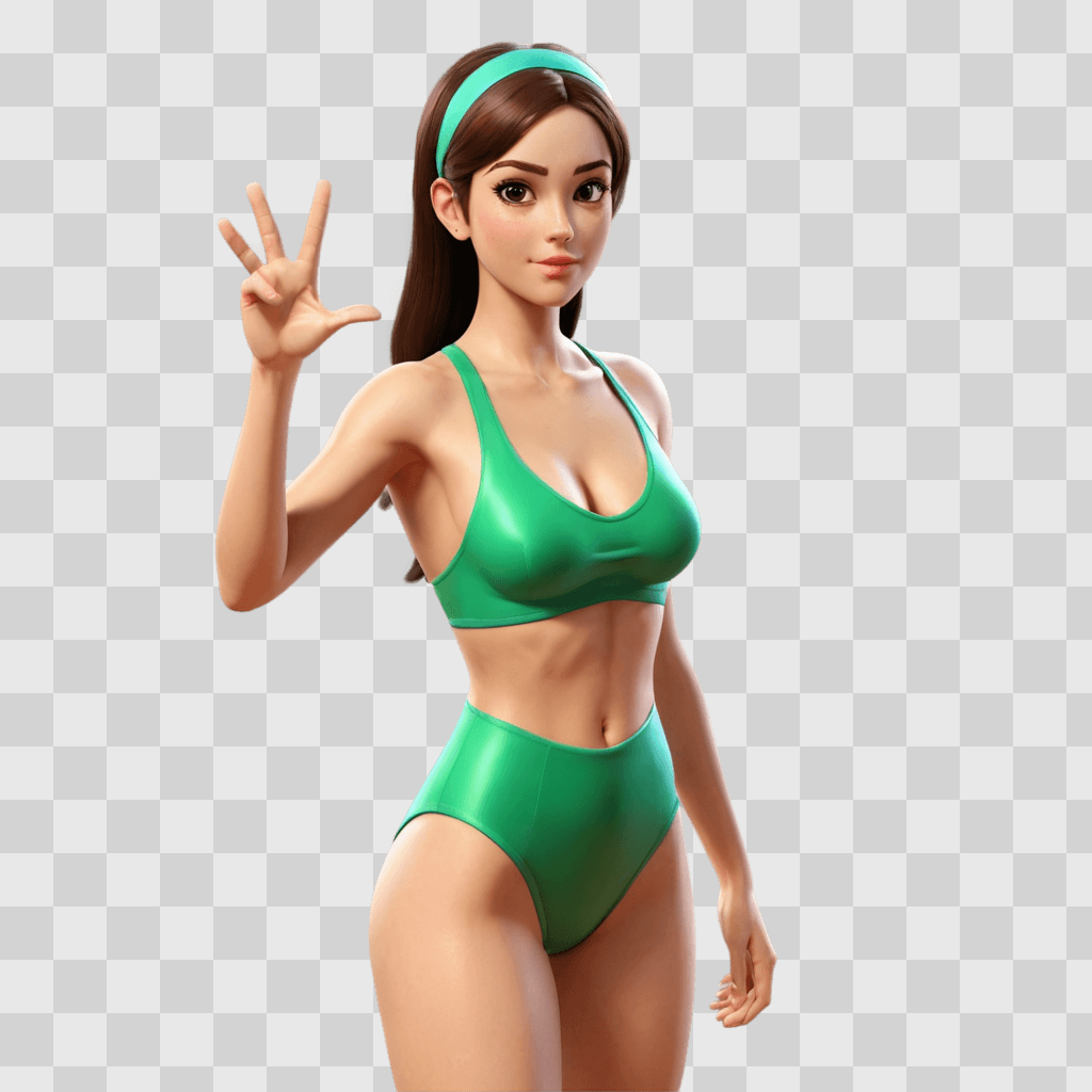 cartoon girl characters A girl in a green bikini poses with a peace sign