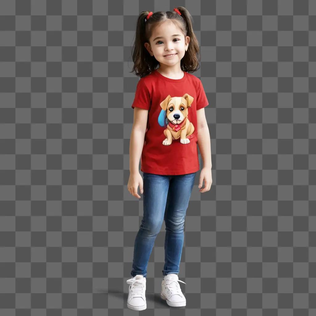 cartoon girl drawing A young girl poses in a red shirt with a dog design