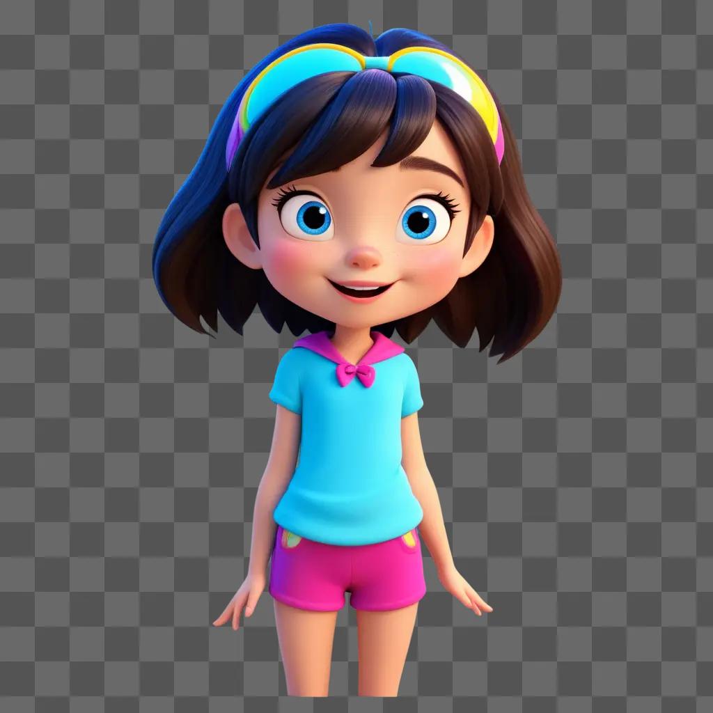 cartoon girl in a blue shirt and pink shorts