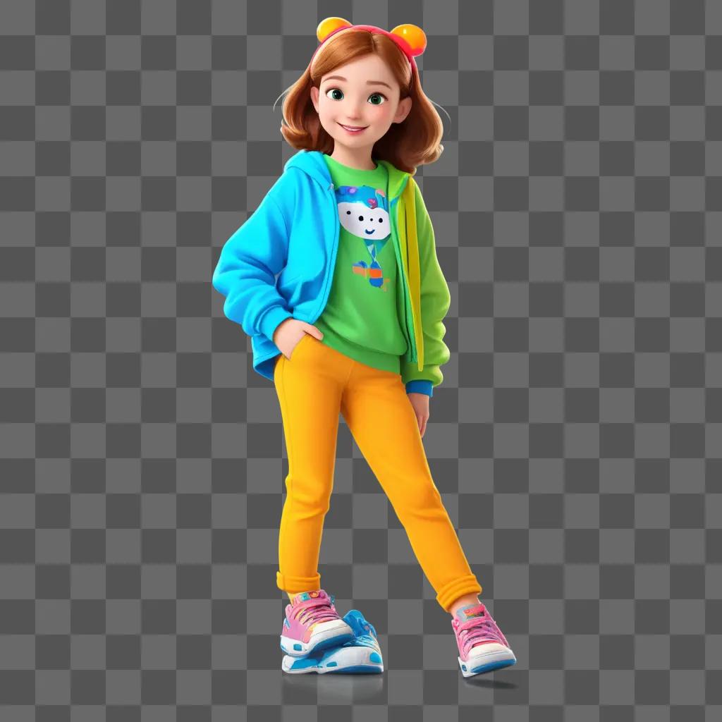 cartoon girl with cartoon characters on her shirt and pants