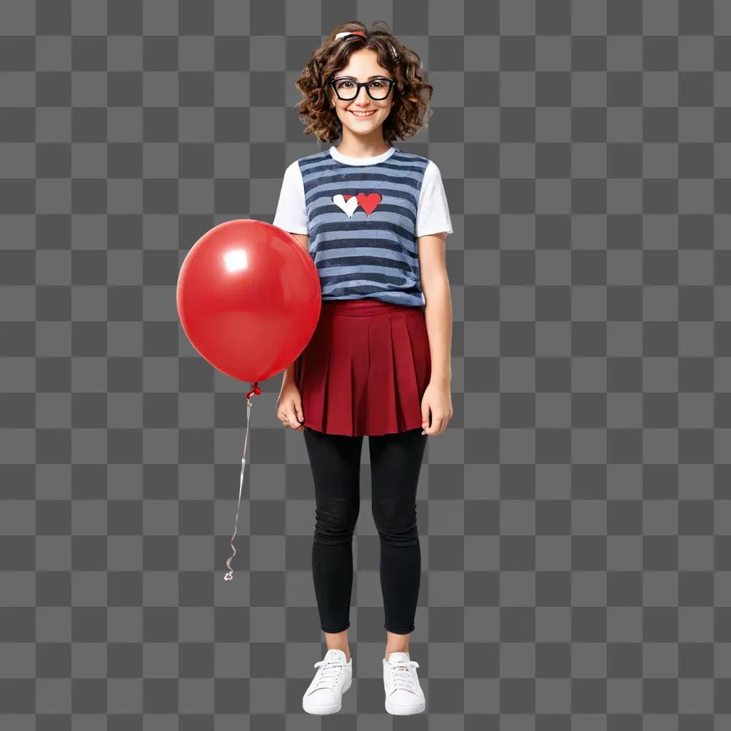 cartoon girl with glasses A girl with a heart on her shirt holds a red balloon