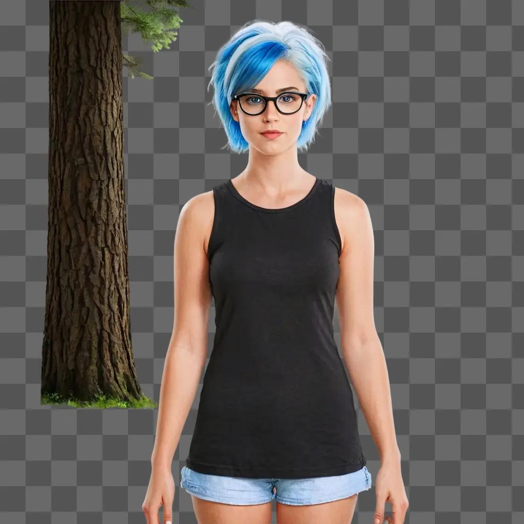 cartoon girl with glasses A girl with blue hair wears glasses and a black tank top