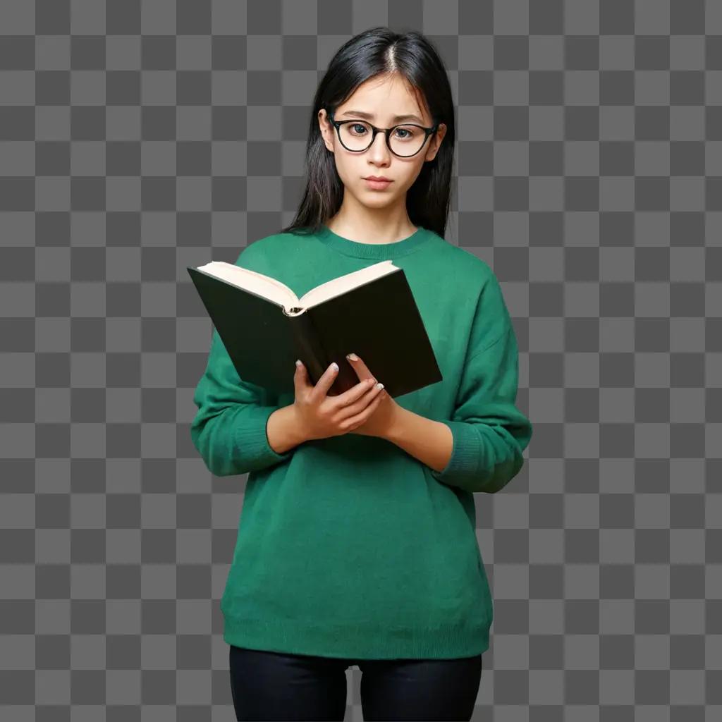 cartoon girl with glasses A girl with glasses reading a book