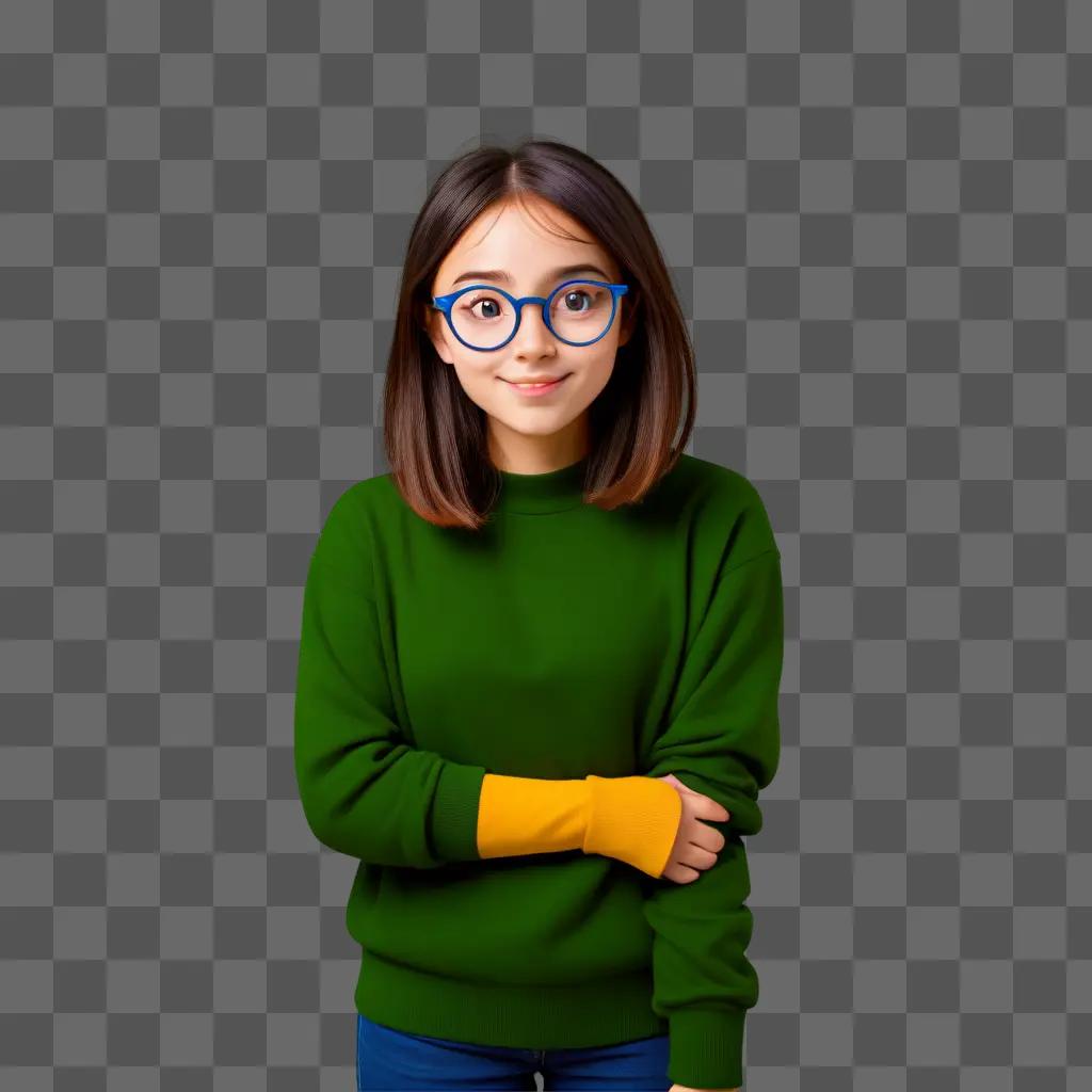 cartoon girl with glasses stands in a green background